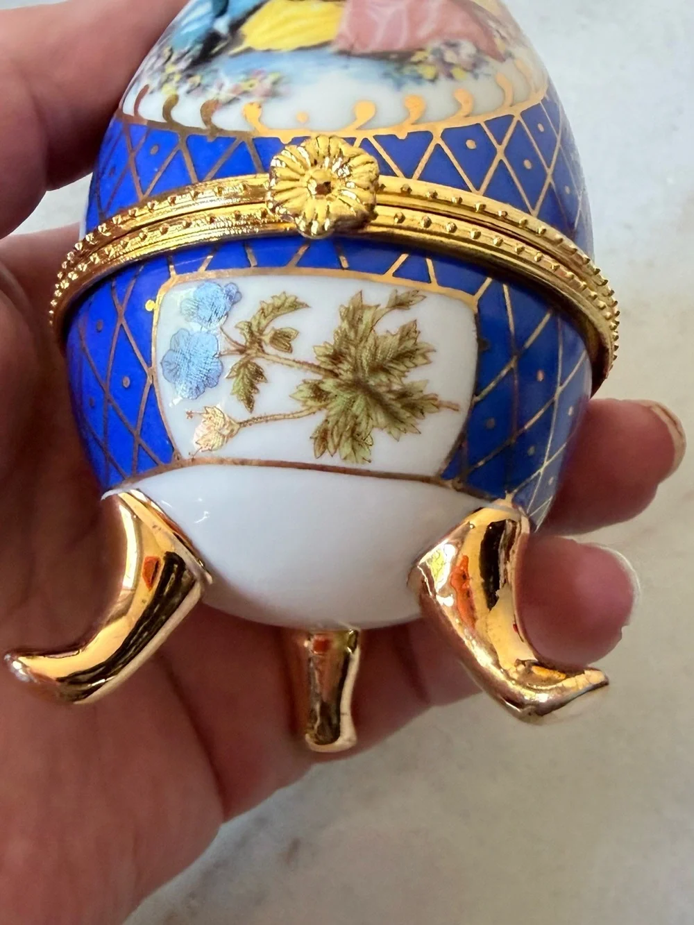 Blue Decorative Porcelain Egg Trinket Box with Gold Accents
